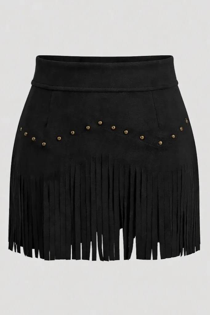 Black Fringed Studded Mini Skirt - Image 1