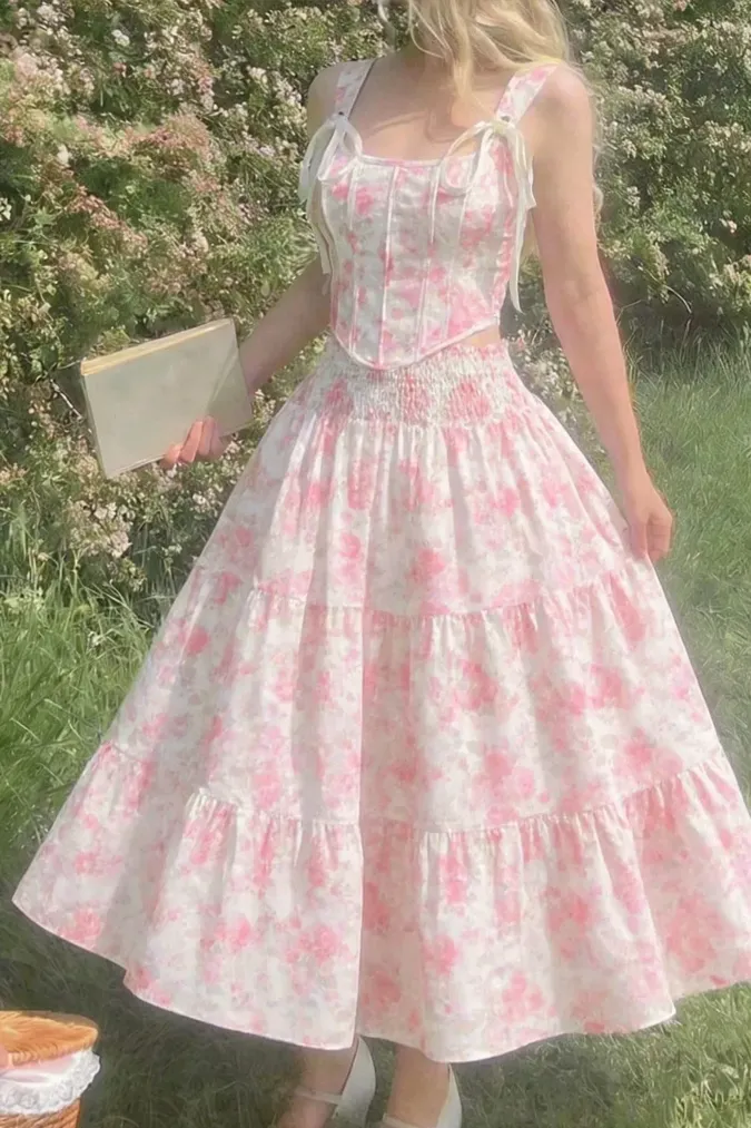 Light Pink Floral Corset Co-Ords Set - Image 1