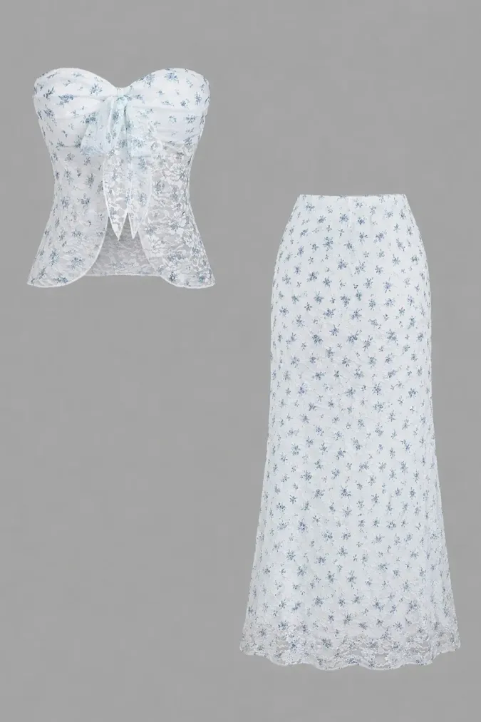 White Floral Lace Tube Co-Ords Set - Image 1