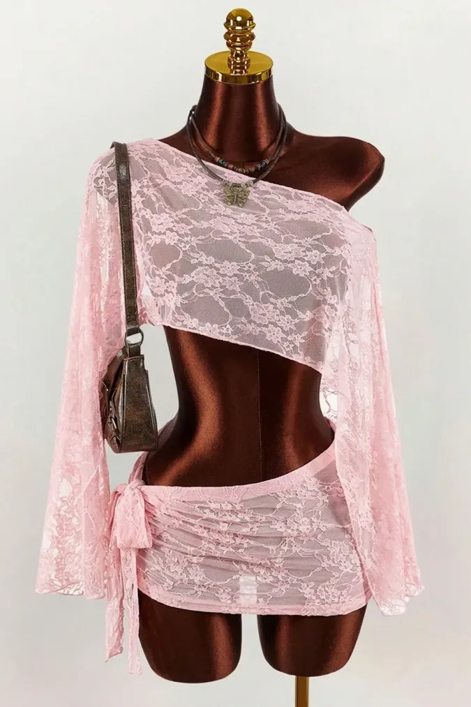 Light Pink Lace One-Shoulder Co-Ords Set - Image 1