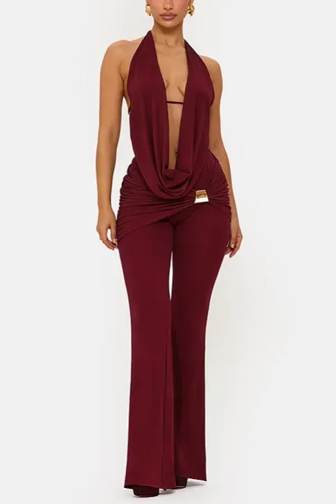 Wine Ruched Halter Co-Ords Set - Image 1