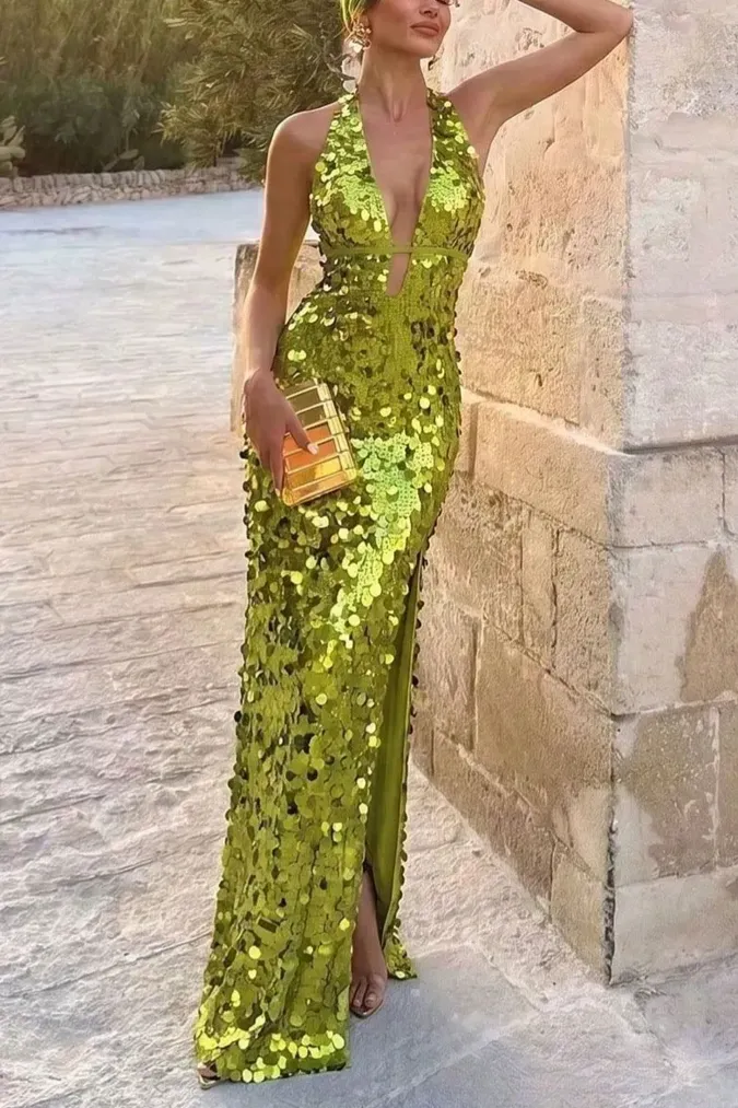 Green Sequin Halter Maxi Dress - Image 1
