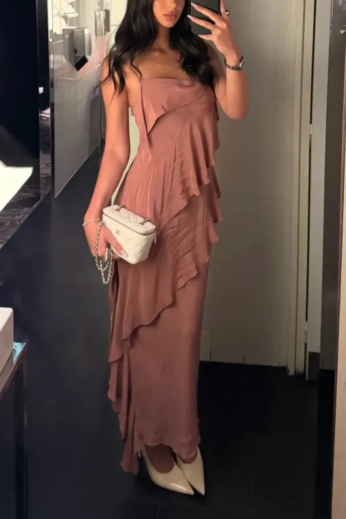 Light Pink Ruffled Square Maxi Dress - Image 1