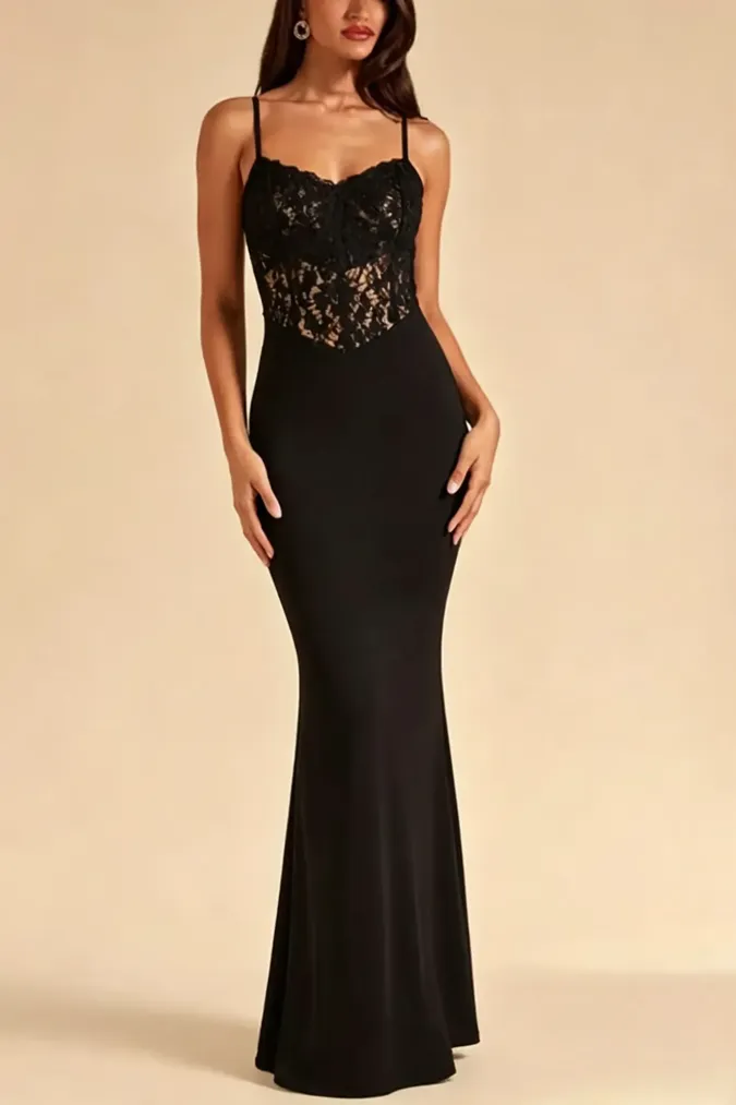 Black Lace Mermaid Maxi Dress - Image 1