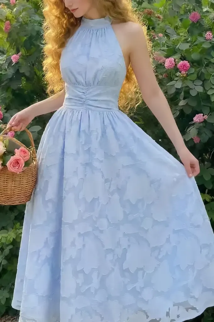 Light Blue Backless Floral Maxi Dress - Image 1