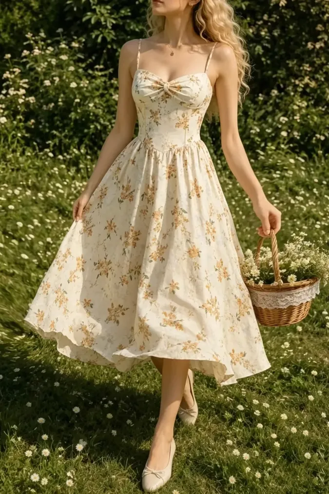 Cream Smocked Floral Midi Dress - Image 1
