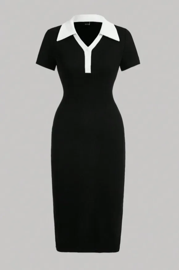 Black Collared Bodycon Midi Dress - Image 1