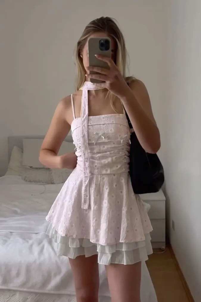 Light Pink Printed Tube Dress With Scarf - Image 1