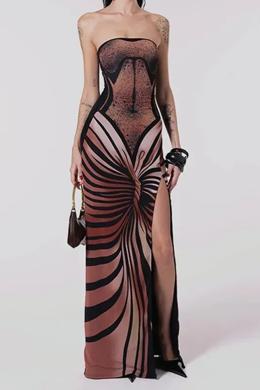 Brown Abstract Slit Tube Maxi Dress - Image 1
