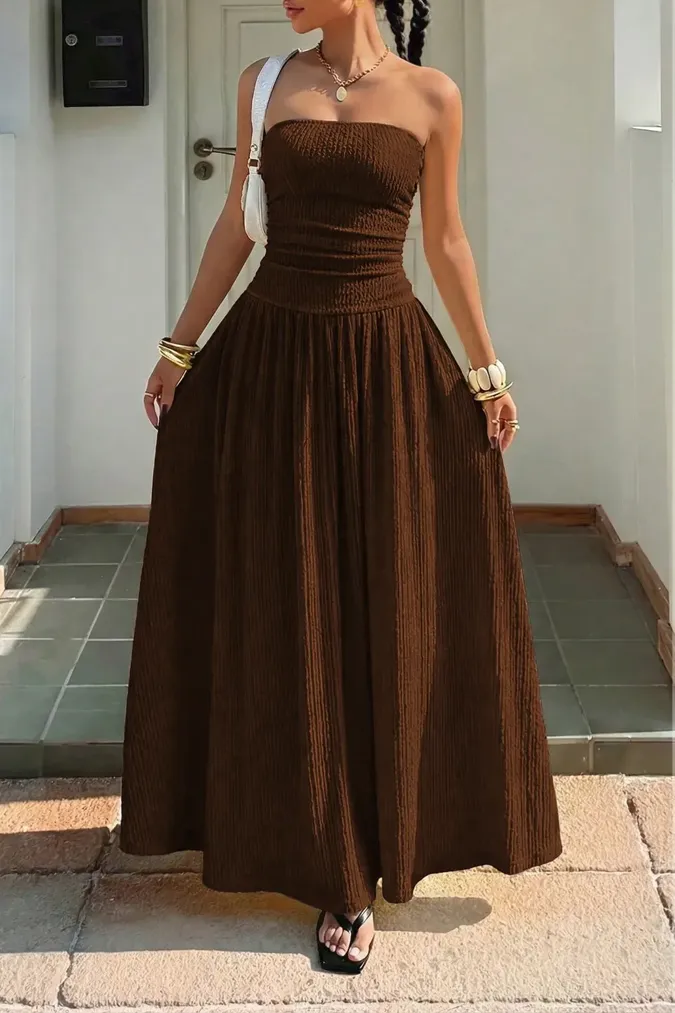 Brown Textured Tube Maxi Dress - Image 1
