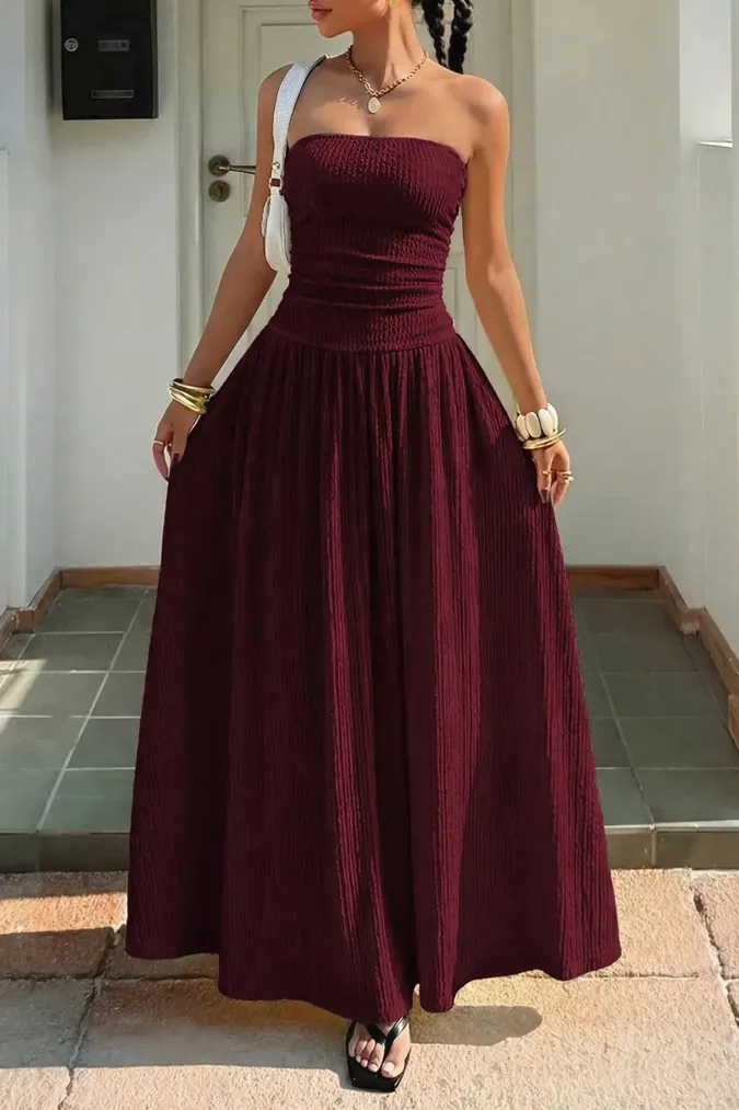 Wine Solid Textured Tube Maxi Dress - Image 1