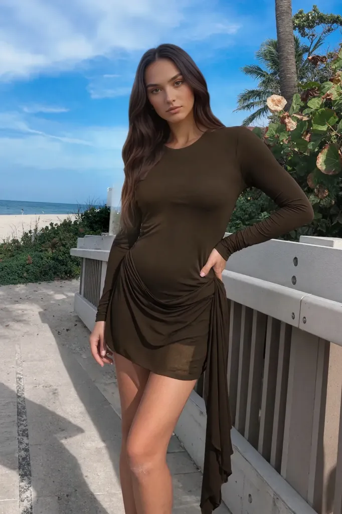 Brown Draped Bodycon Mini Dress - Image 1