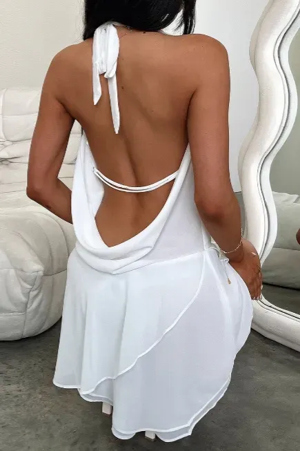 White Backless Cowl Neck Dress - Image 1