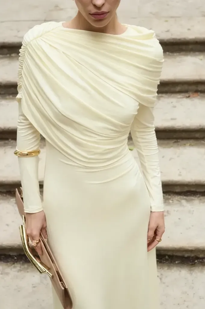 Cream Ruched Draped Maxi Dress - Image 1