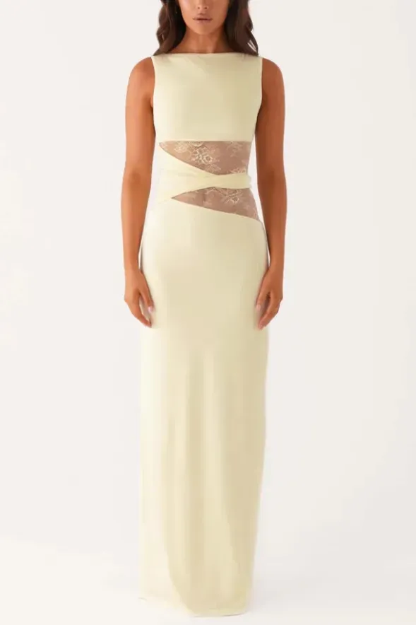 Light Yellow Lace Mermaid Maxi Dress - Image 1