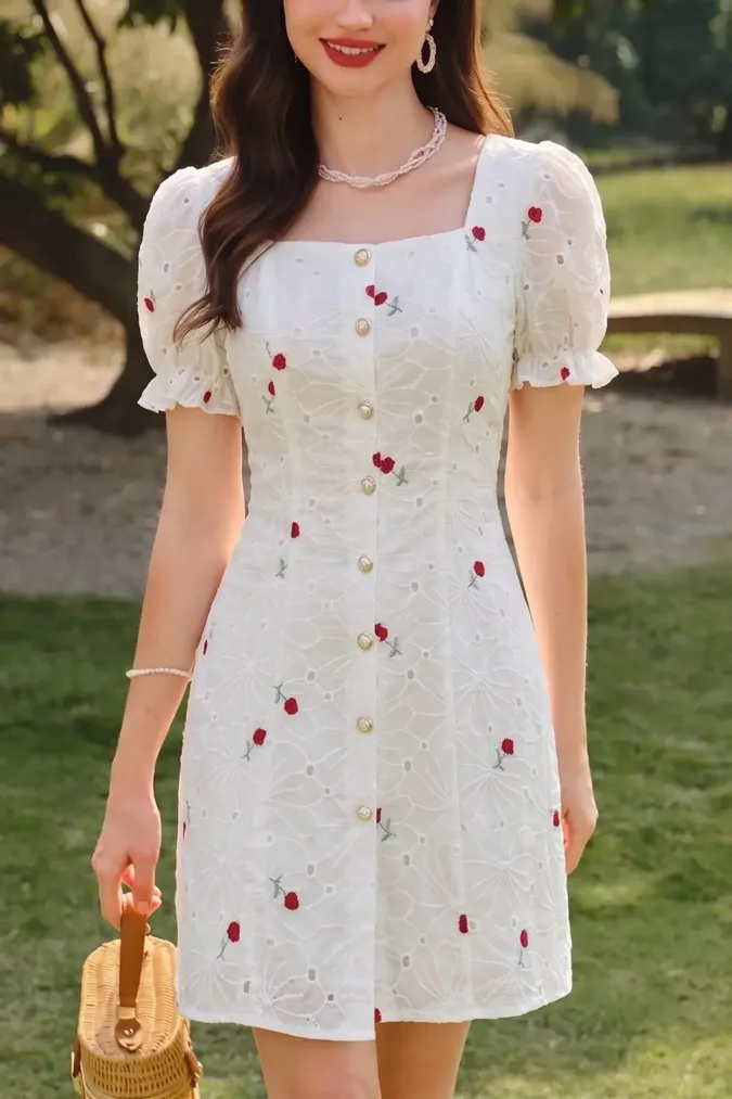 White Square Neck Embroidered Mini Dress - Image 1