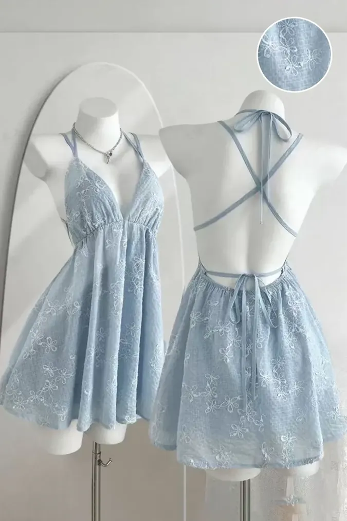 Light Blue Embroidered Lace Mini Dress - Image 1