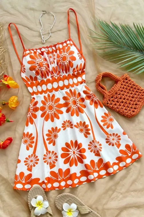 Orange Floral Tie-Up Mini Dress - Image 1