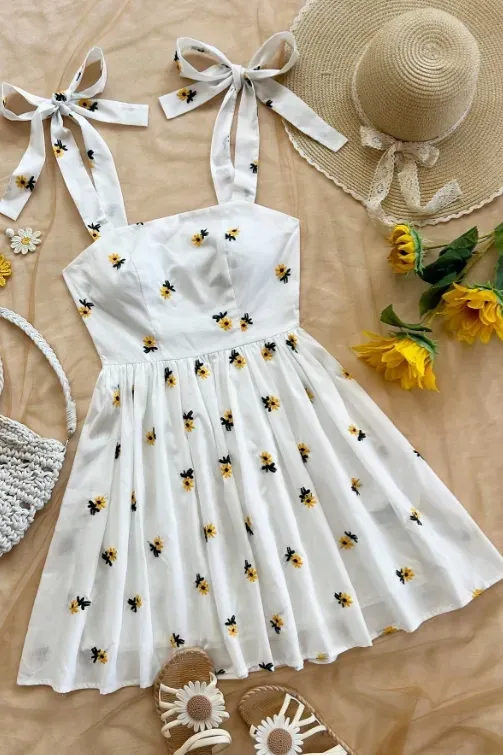 White Floral Embroidered Mini Dress - Image 1