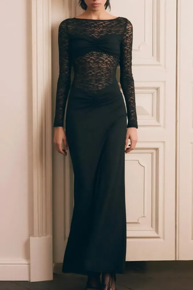 Black Lace Overlay Maxi Dress - Image 1