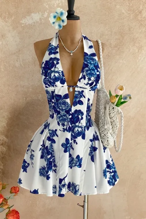 White Floral Halter Mini Dress - Image 1