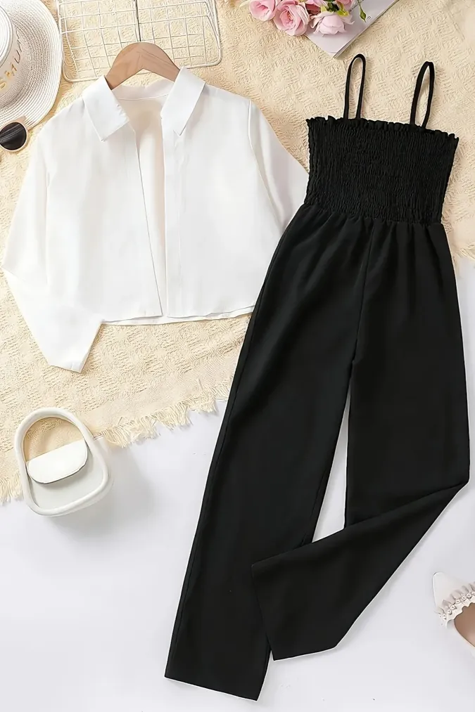 Black Smocked Jumpsuit With Shirt - Image 1