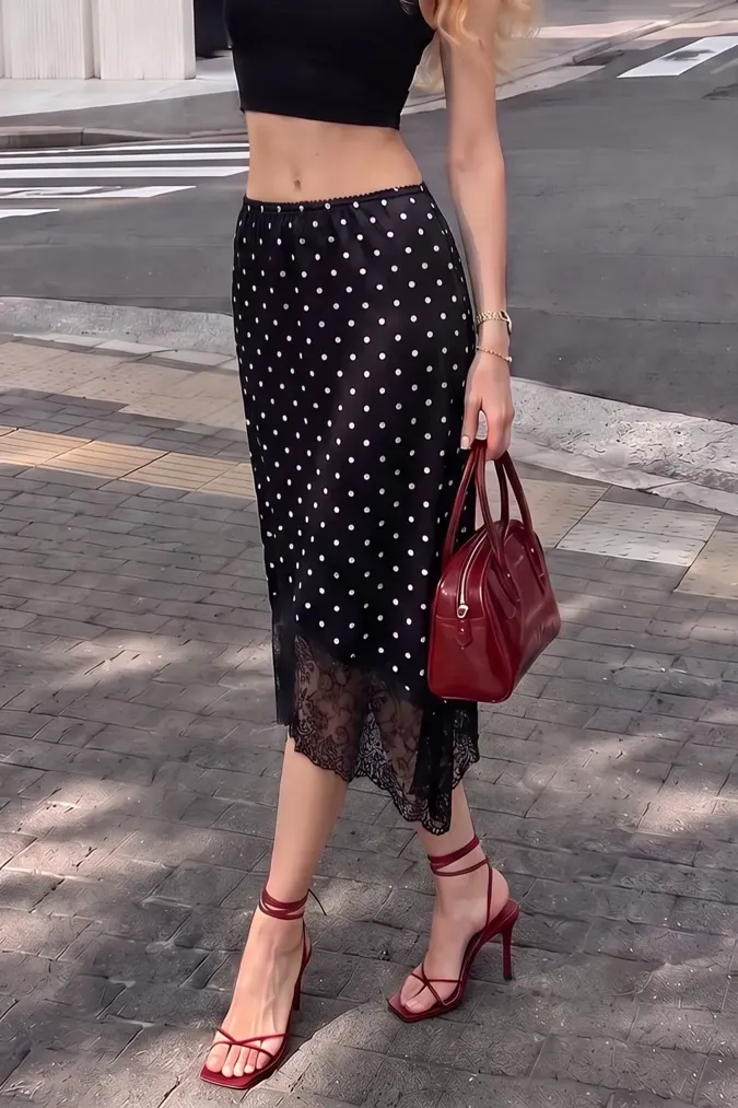 Black Polka Dot Lace Midi Skirt - Image 1