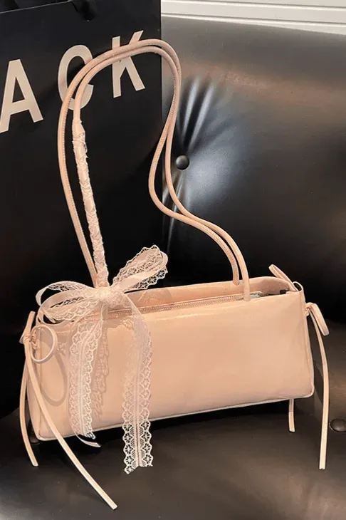 Light Pink Lace Overlay Ribbon Bag - Image 1