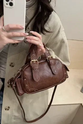 Brown Pu Studded Shoulder Bag - Image 1
