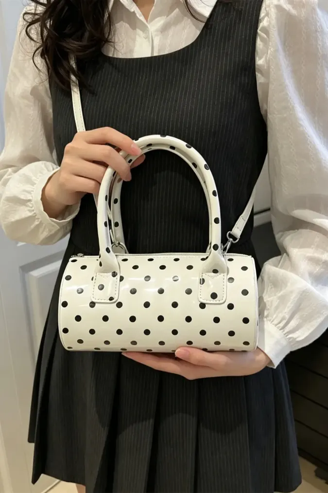 White Polka Dot Pu Zipper Bag - Image 1