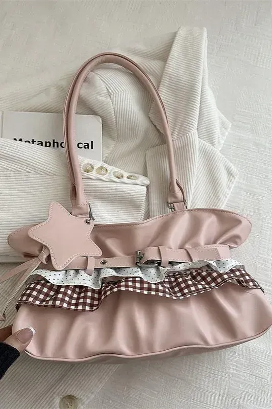 Light Pink Ruffled Gingham Pu Bag - Image 1