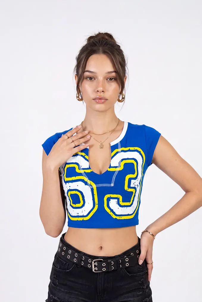 Blue Graphic Printed Crop T-Shirt - Image 1