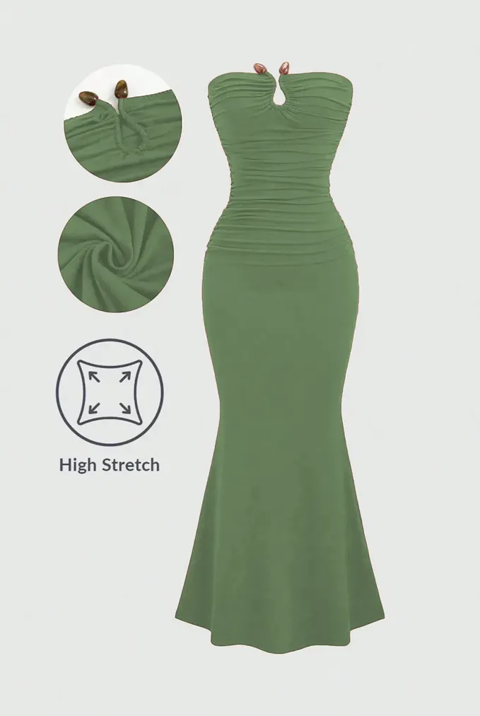 Green Tube Neck Ruched Maxi Dress - Image 1