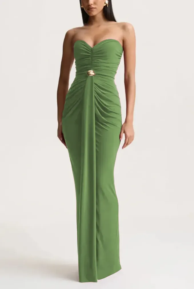 Green Tube Neck Ruched Maxi Dress - Image 1