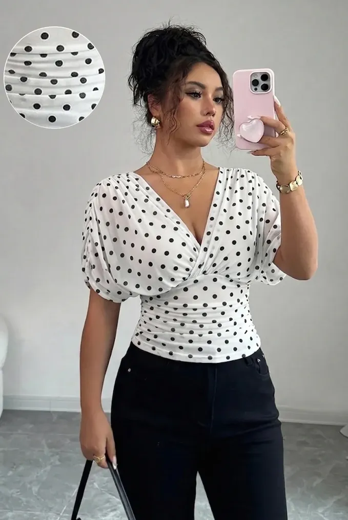 White Polka Dot Ruched Top - Image 1