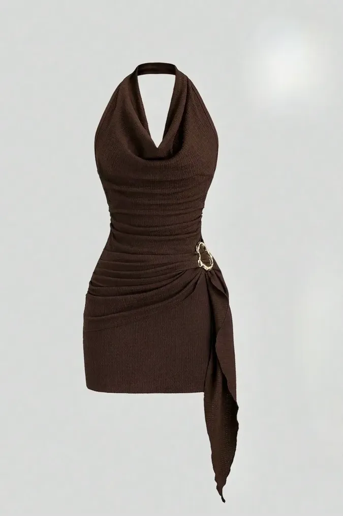 Dark Brown Ruched Halter Mini Dress - Image 1