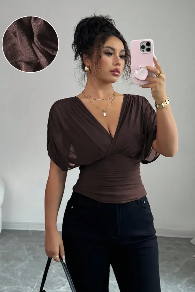 Dark Brown Solid V-Neck Top - Image 1