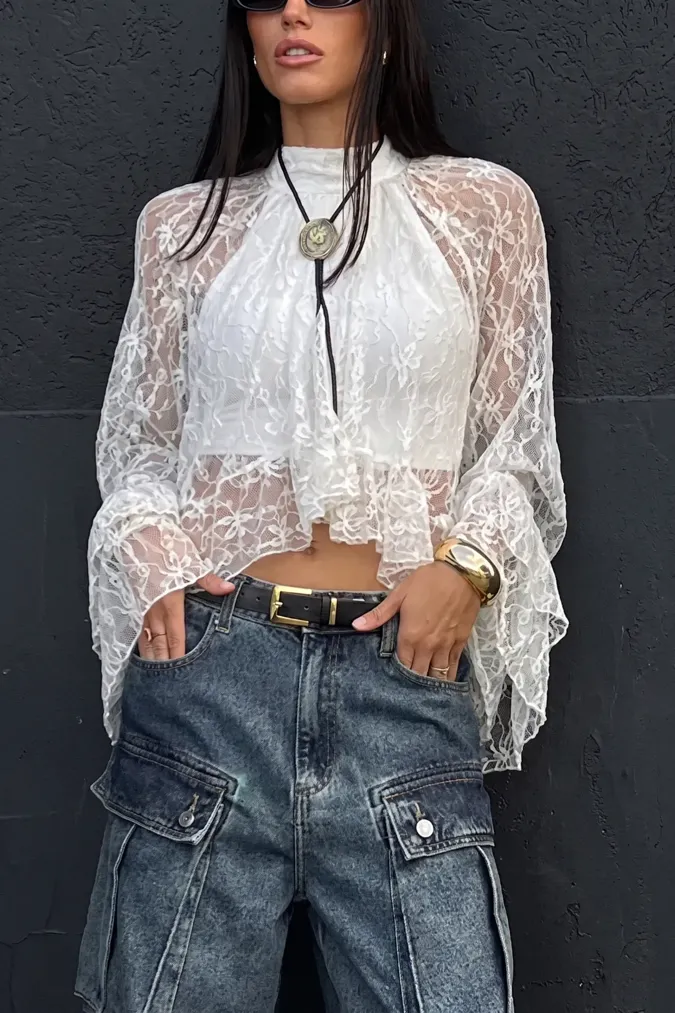 White Lace Overlay Crop Top - Image 1