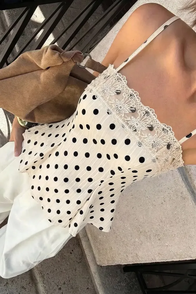 Beige Polka Dot Lace Top - Image 1