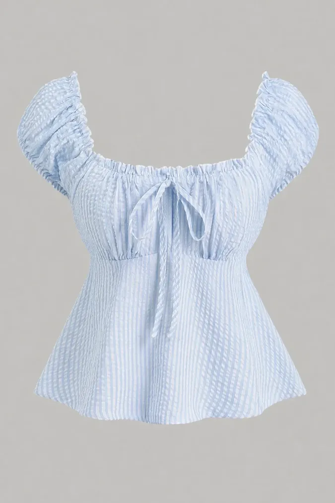 Light Blue Striped Tie-Up Top - Image 1
