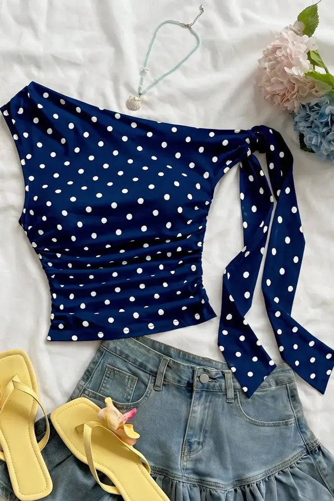 Navy Polka Dot One Shoulder Top - Image 1