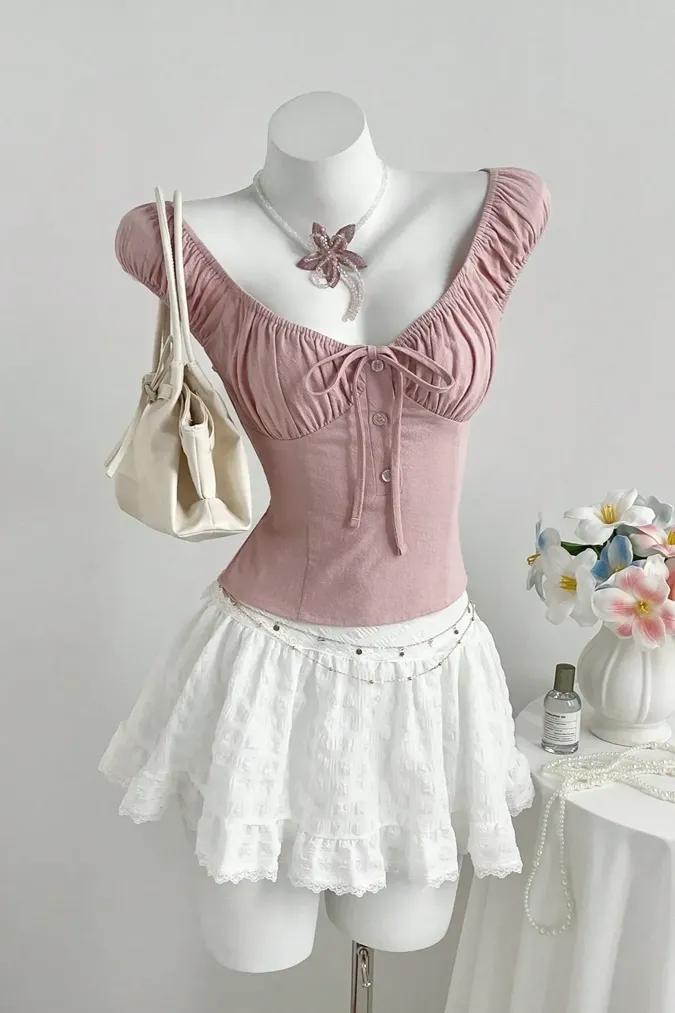 Light Pink Solid V-Neck Top - Image 1