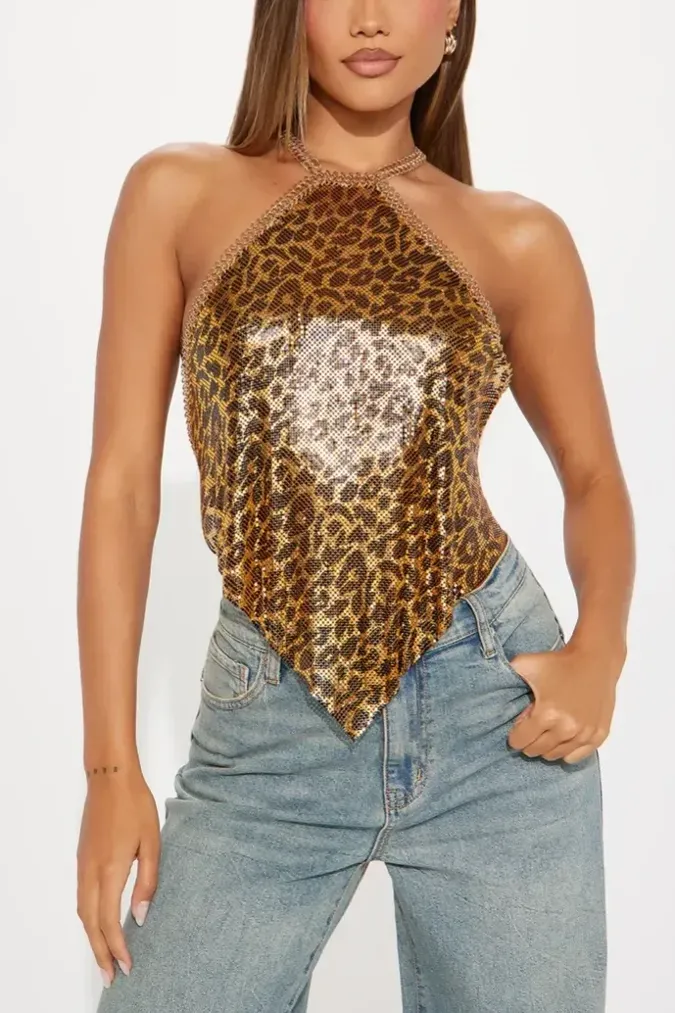 Golden Leopard Print Embellished Top - Image 1
