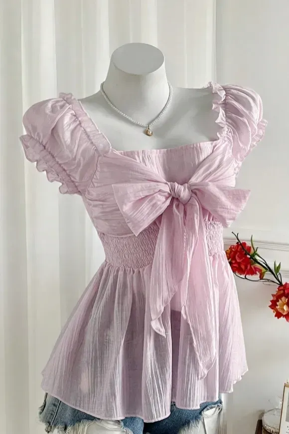 Light Pink Ruffled Square Neck Top - Image 1
