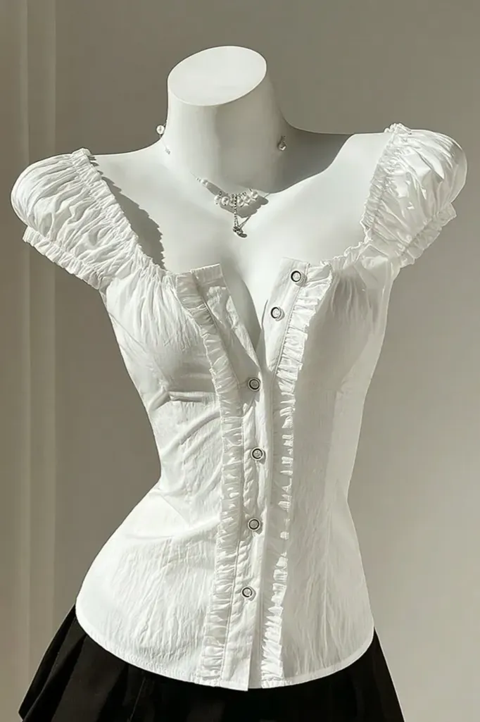 White Solid Sweetheart Ruffled Top - Image 1