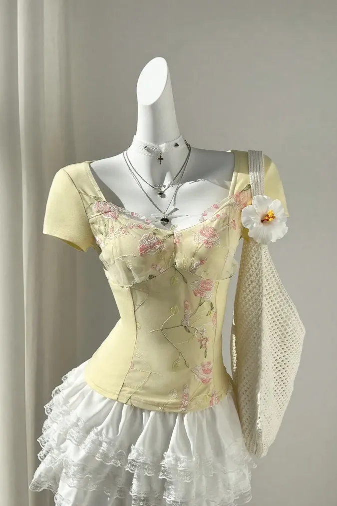 Light Yellow Embroidered Sweetheart Top - Image 1