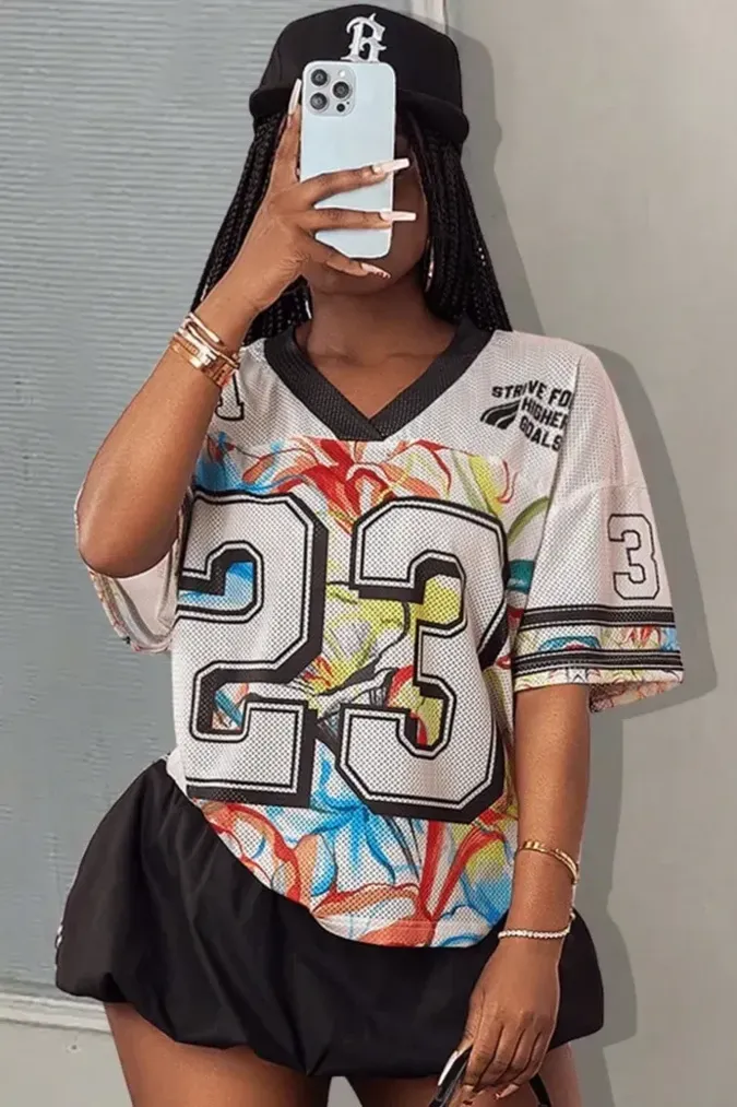 White Graphic Printed V-Neck T-Shirt - Image 1