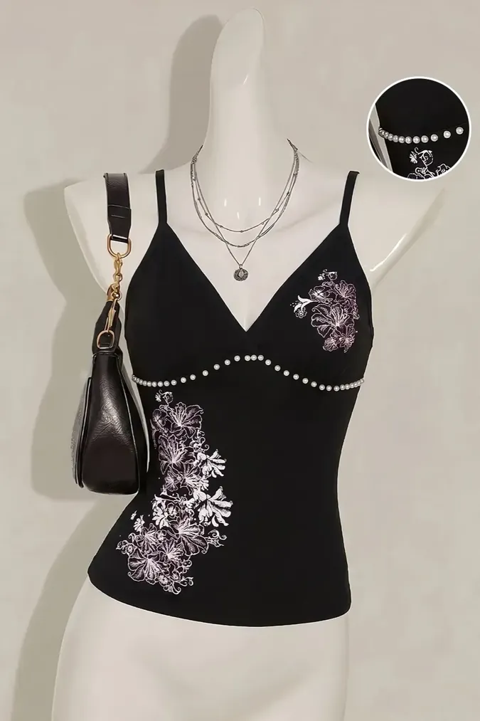 Black Embroidered Floral V-Neck Top - Image 1