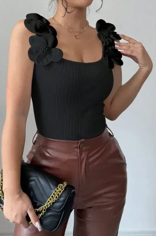 Black Floral Square Neck Top - Image 1