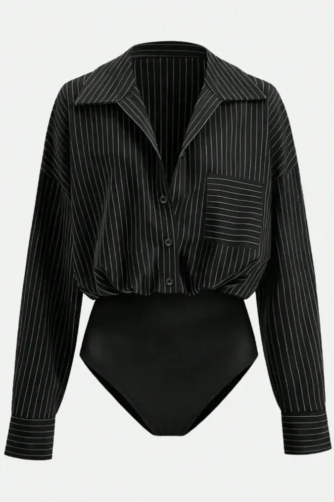 Black Striped Collared Bodysuit - Image 1